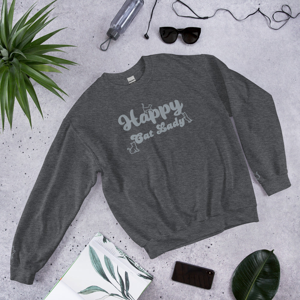 Happy Cat Lady Embroidered Sweatshirt - Grey Decals