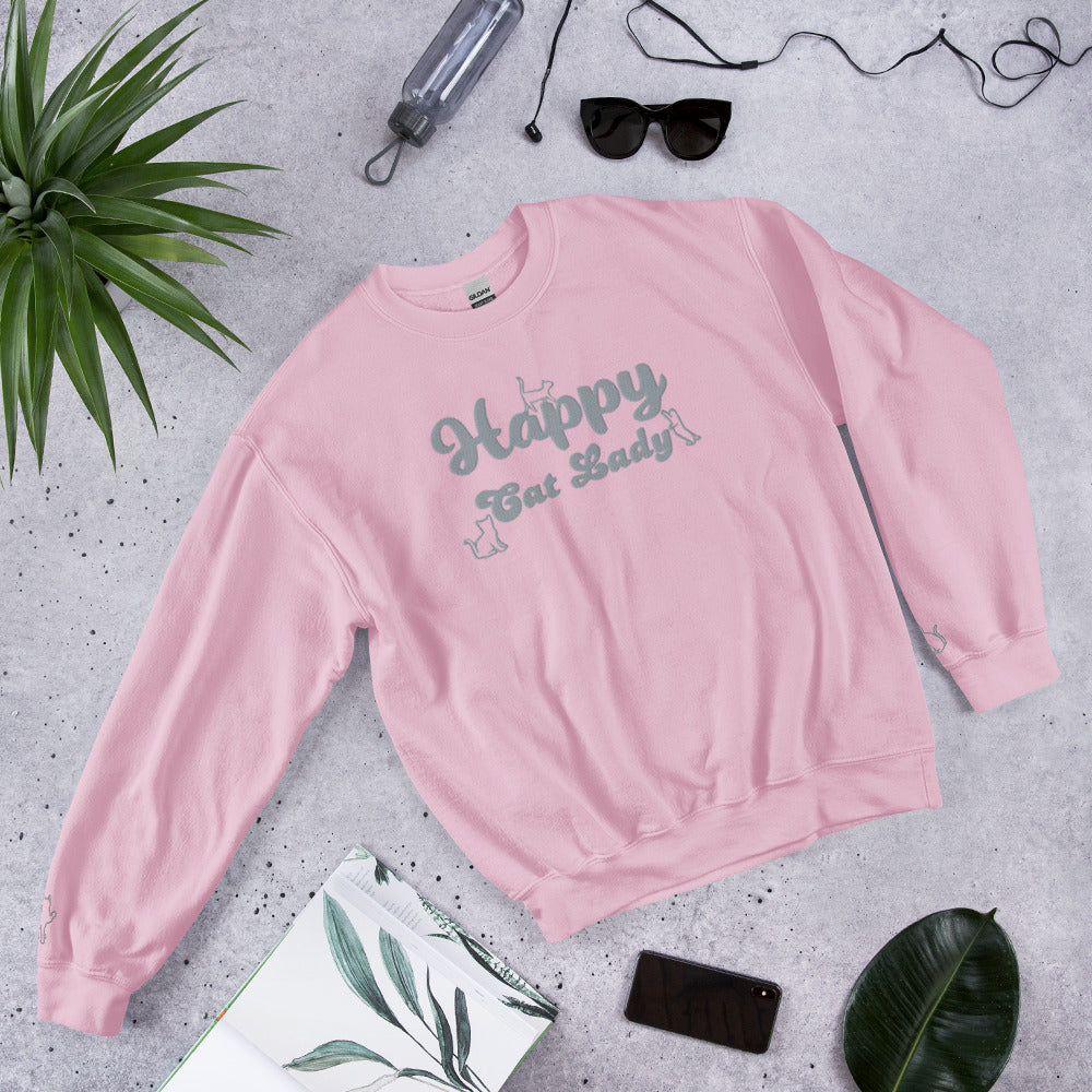 Happy Cat Lady Embroidered Sweatshirt - Grey Decals