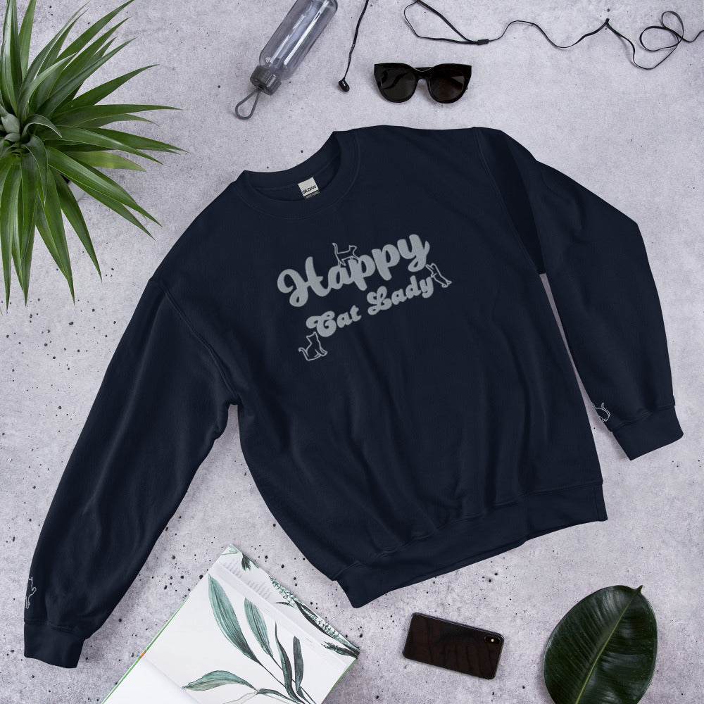 Happy Cat Lady Embroidered Sweatshirt - Grey Decals