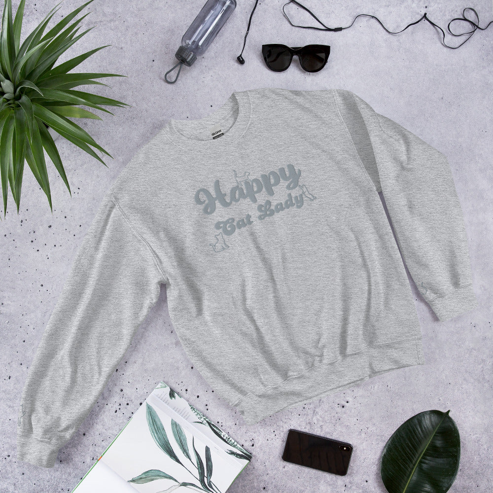 Happy Cat Lady Embroidered Sweatshirt - Grey Decals